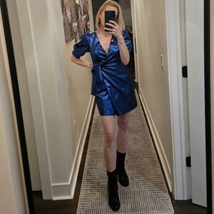 Zara BLOGGER FAV Metallic Blue Puff Sleeve Mini Wrap Dress - Size S